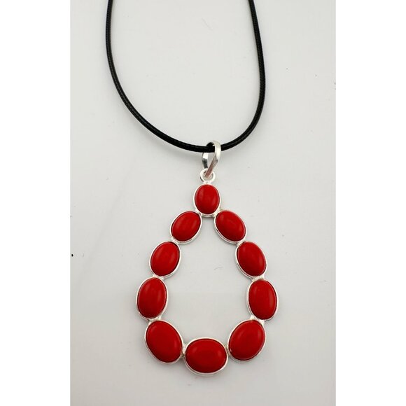 Flirty and Fun Red Coral Teardrop Necklace with Black Leather Cable Chain - Picture 7 of 8